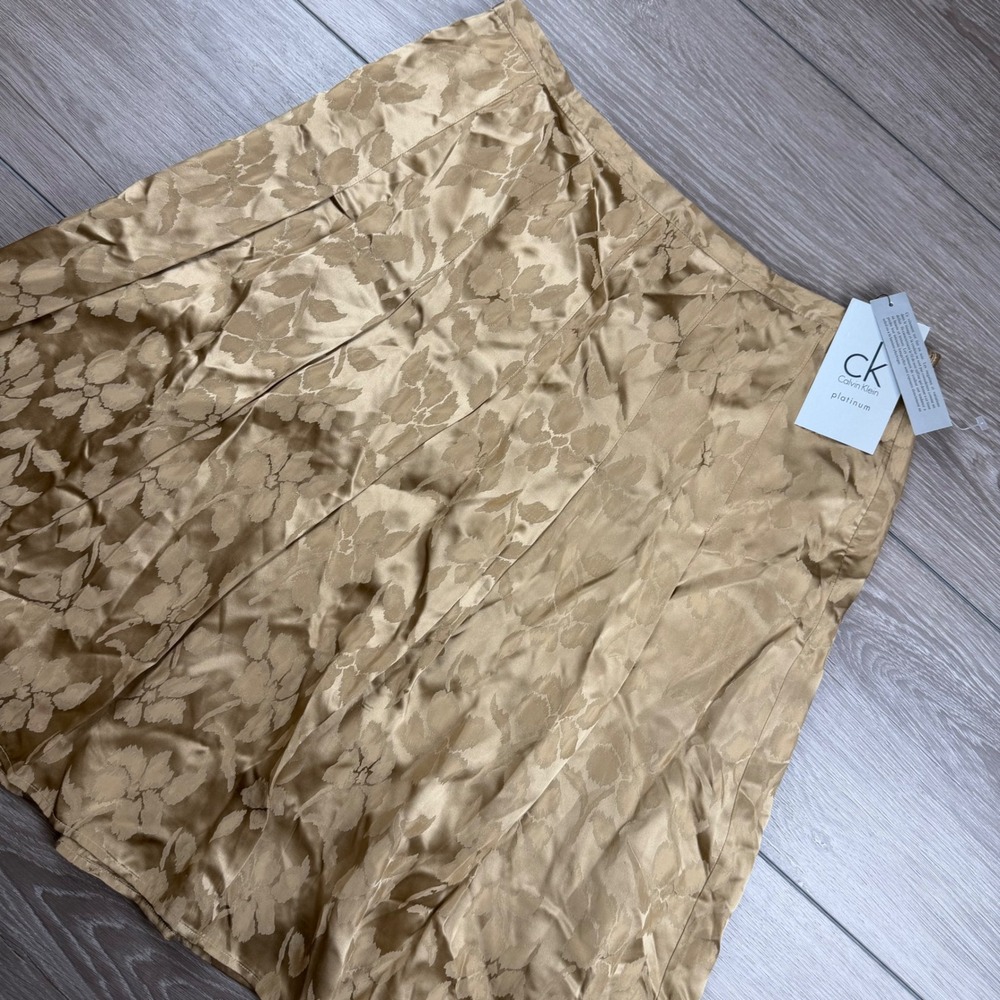 Calvin Klein Womens Platinum Silk Blend Floral Jacquard Skirt Gold 12
